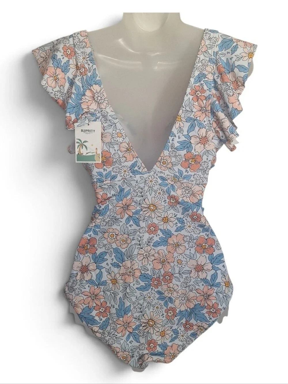 B2prity One Piece Swimsuit Flutter Sleeve Slimming Floral Medium Womens